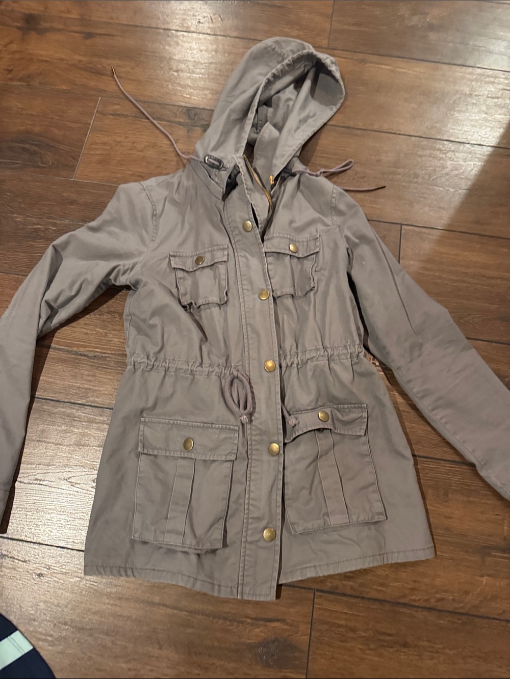 41 Hawthorn Hooded Utility Jacket in Taupe Gray with removable hood